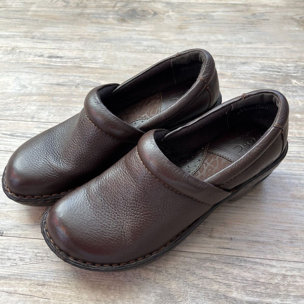 Y2K Clogs Genuine Leather 6.5M Chocolate Brown Heel Platform B.O.C. Slip On Vtg